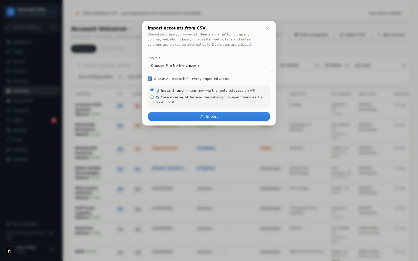The CSV import dialog