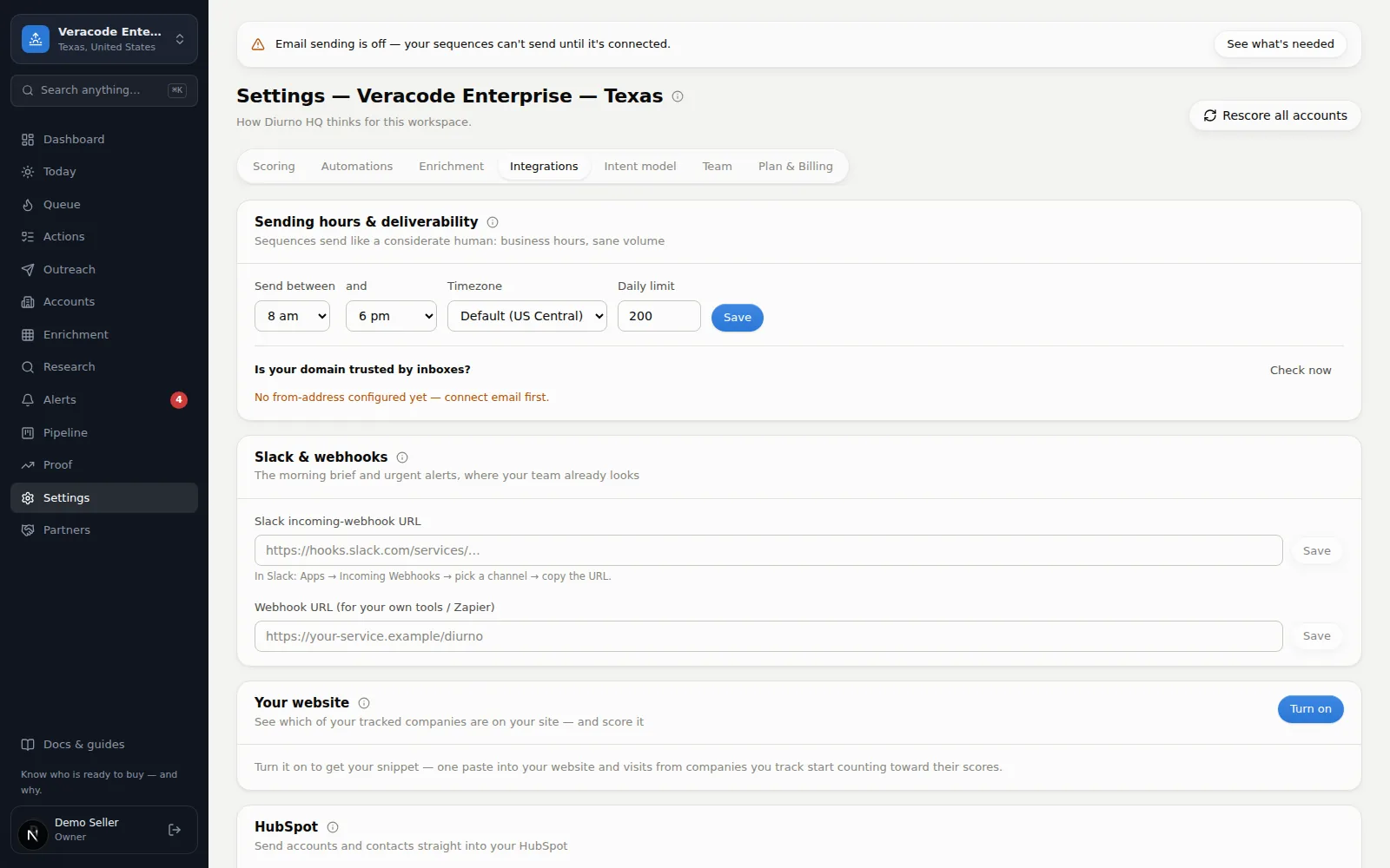 The Integrations tab