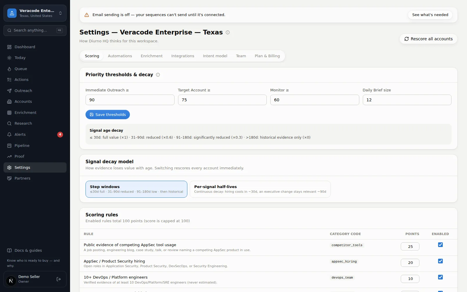 Settings — Scoring tab