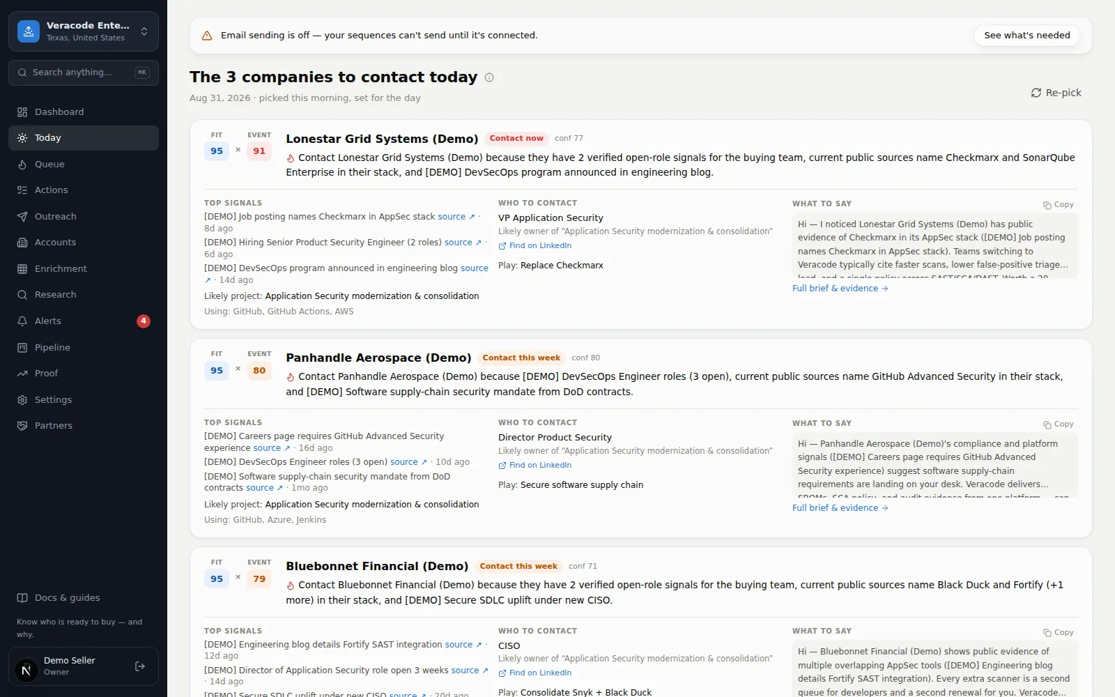 The Today screen — the companies to contact today
